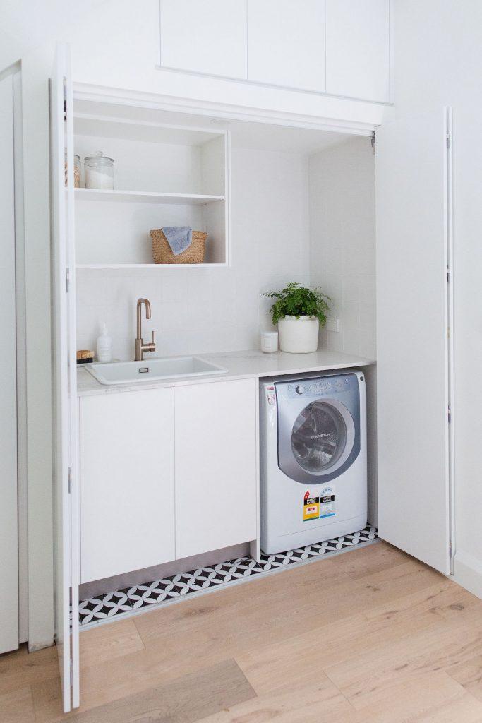 Patterned floor tile in Euro laundry