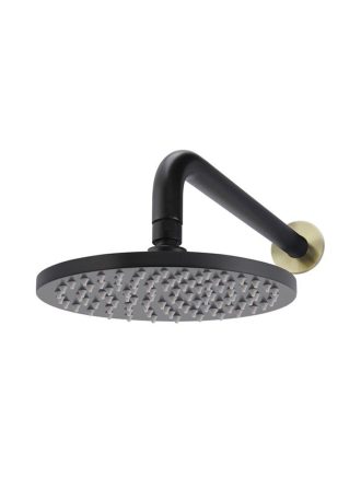 Meir Round Wall Shower 200mm rose, 300mm curved arm - Black & Brass