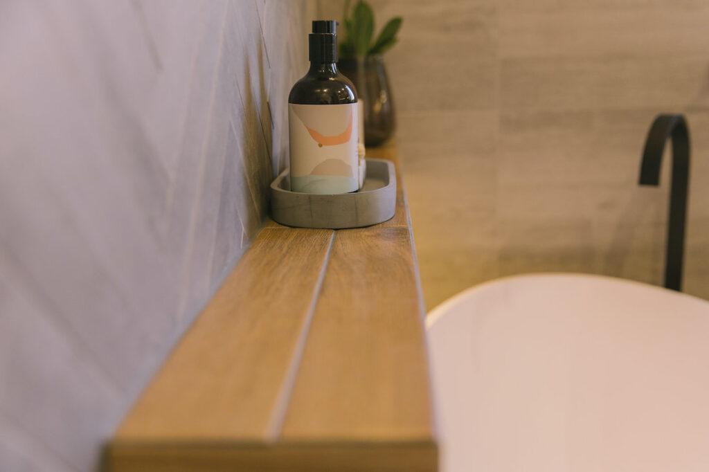 Different angle of floating timber look shelf