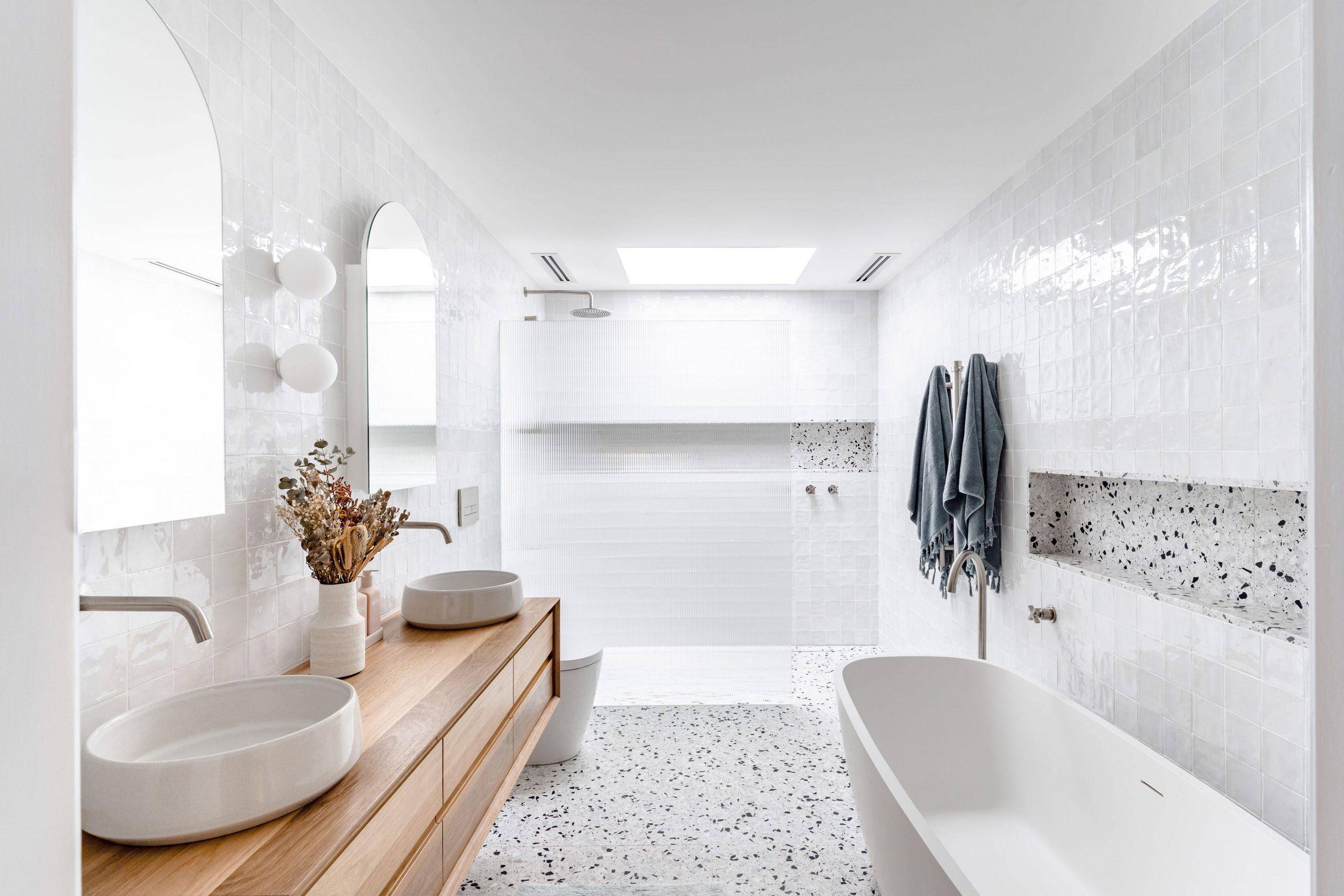 Modern white dotted wood and stone bathroom