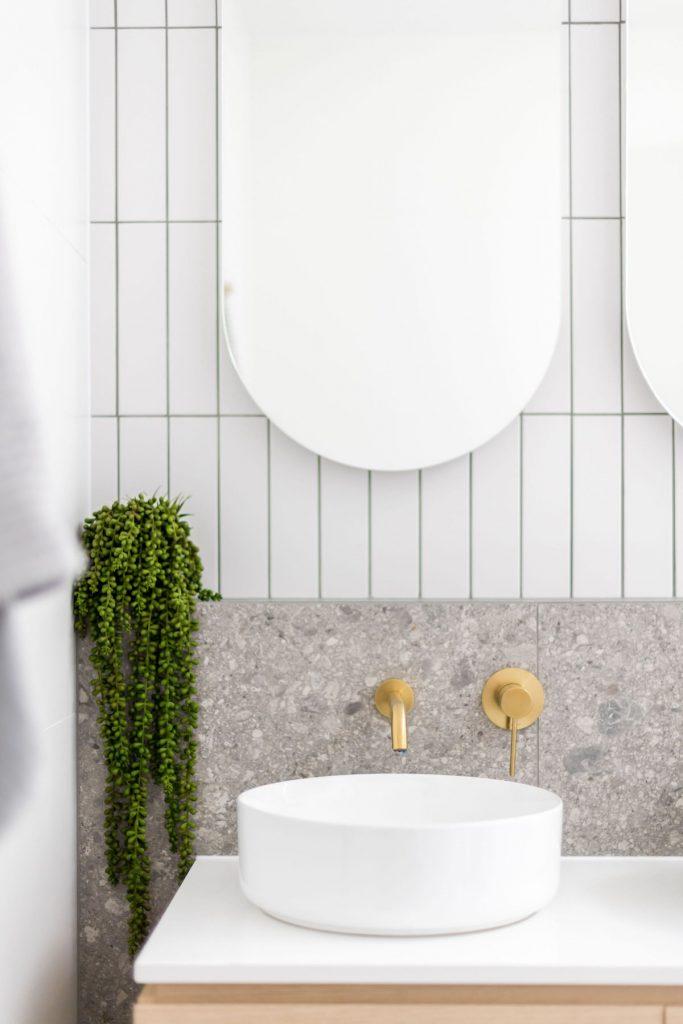 Beautiful modern grey stone look alike basin and mirror