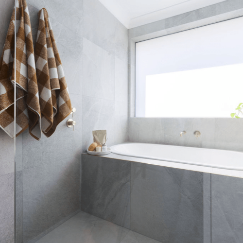 Vancouver White Stone Look Tile 2 beautiful gray bathroom