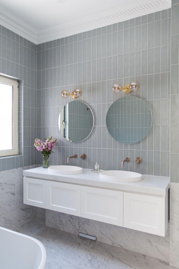 Modern Victorian bathroom: Elegant marble tile and subway tile bathroom