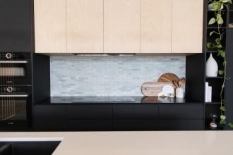 Contemporary kitchen with pale green marble splashback | Tile Republic