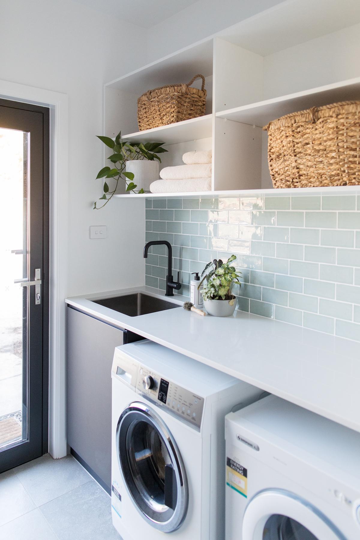 Light blue and grey laundry: Contemporary Australian laundry Tile Republic
