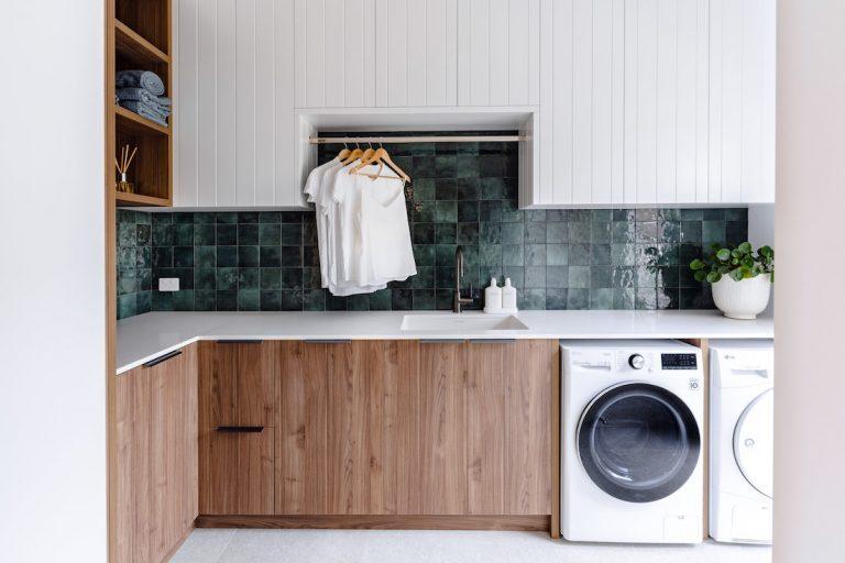 Moss green tile splashback laundry, the epitome of laundrygoals!