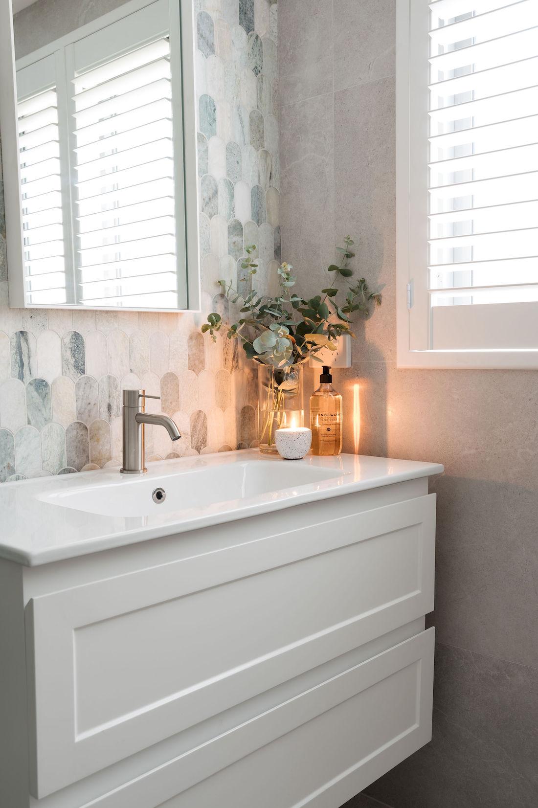 Bathroom with Ming green mosaic feature tile