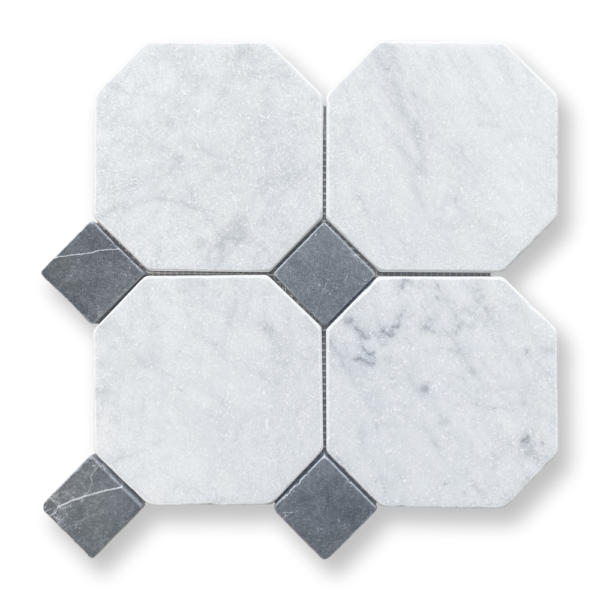 Luxurious large Vivaldi Carrara and Nero Marquina marble mosaic tile in octagon dot, boutique tiles in black and white tiles designs online.