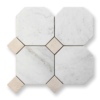 Vivaldi Bianco Oro Light and Crema Serena marble tumbled stone mosaic tile, octagon dot design for luxurious and sophisticated interiors.